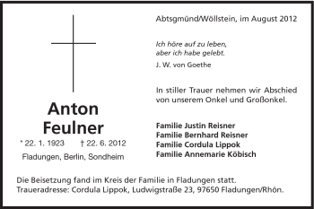 Traueranzeige von Anton Feulner von Schwäbische Post