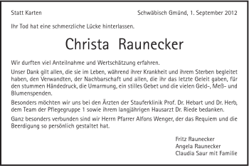 Traueranzeige von Christa Raunecker von Gmünder Tagespost