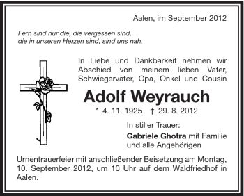 Traueranzeige von Adolf Weyrauch von Schwäbische Post