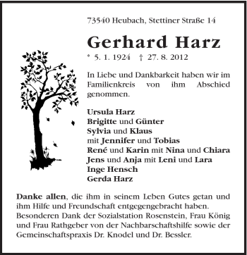 Traueranzeige von Gerhard Harz von Gmünder Tagespost
