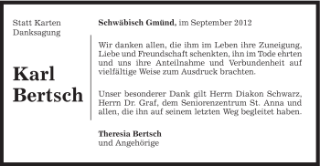 Traueranzeige von Karl Bertsch von Gmünder Tagespost