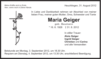 Traueranzeige von Maria Geiger von Gmünder Tagespost