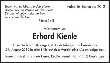 Traueranzeige von Erhard Kienle von Schwäbische Post