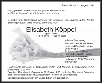 Traueranzeige von Elisabeth Köppel von Schwäbische Post