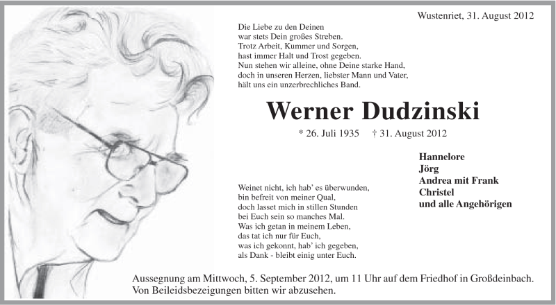  Traueranzeige für Werner Dudzinski vom 03.09.2012 aus Gmünder Tagespost