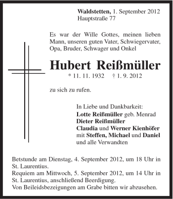 Traueranzeige von Hubert Reißmüller von Gmünder Tagespost