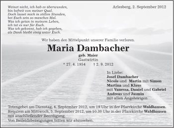Traueranzeige von Maria Dambacher von Schwäbische Post