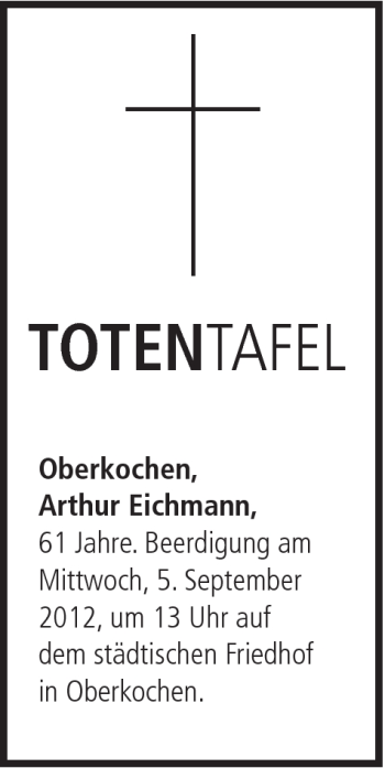 Traueranzeige von Arthur Eichmann von Schwäbische Post