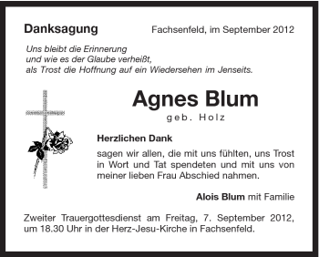 Traueranzeige von Agnes Blum von Schwäbische Post
