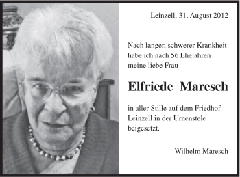 Traueranzeige von Elfriede Maresch von Gmünder Tagespost