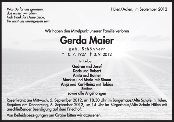 Traueranzeige von Gerda Maier von Schwäbische Post