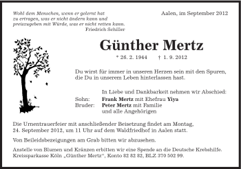 Traueranzeige von Günther Mertz von Schwäbische Post