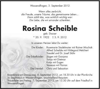 Traueranzeige von Rosina Scheible von Schwäbische Post