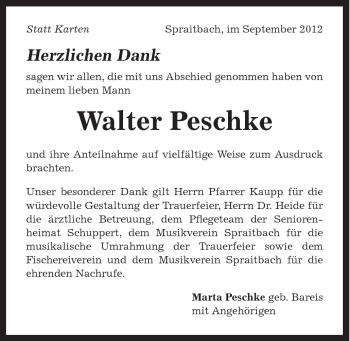 Traueranzeige von Walter Peschke von Gmünder Tagespost