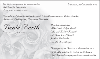 Traueranzeige von Beate Barth von Gmünder Tagespost