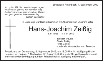 Traueranzeige von Hans-Joachim Zeißig von Schwäbische Post