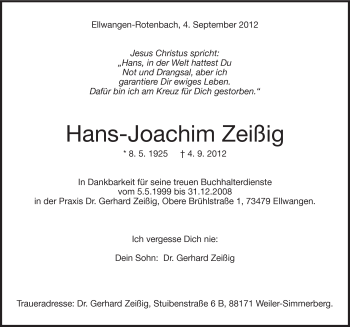 Traueranzeige von Hans-Joachim Zeißig von Schwäbische Post