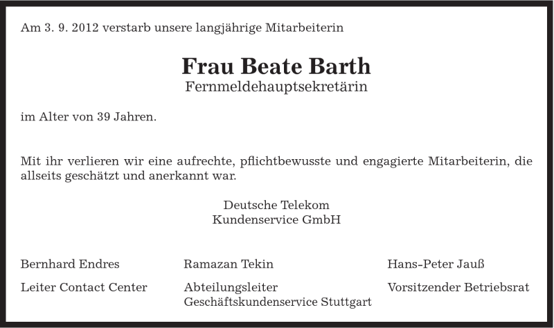  Traueranzeige für Beate Barth vom 07.09.2012 aus Gmünder Tagespost