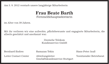 Traueranzeige von Beate Barth von Gmünder Tagespost
