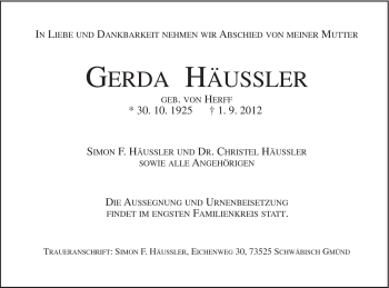 Traueranzeige von Gerda Häussler von Gmünder Tagespost