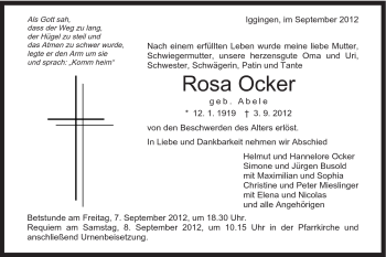 Traueranzeige von Rosa Ocker von Gmünder Tagespost