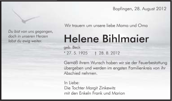 Traueranzeige von Helene Bihlmaier von Schwäbische Post