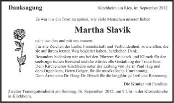 Traueranzeige von Martha Slavik von Schwäbische Post