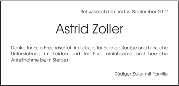 Traueranzeige von Astrid Zoller von Gmünder Tagespost