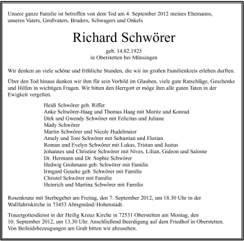 Traueranzeige von Richard Schwörer von 020