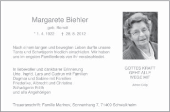 Traueranzeige von Margarete Biehler von Schwäbische Post