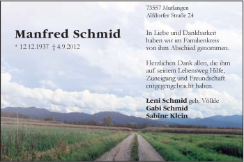 Traueranzeige von Manfred Schmid von Gmünder Tagespost
