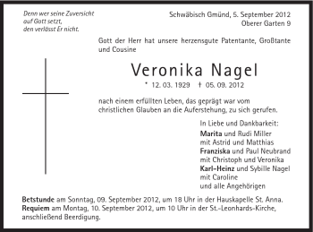 Traueranzeige von Veronika Nagel von Gmünder Tagespost