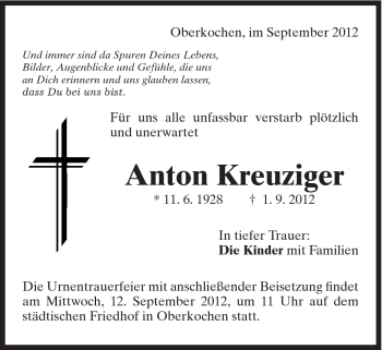 Traueranzeige von Anton Kreuziger von Schwäbische Post