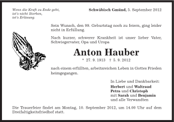Traueranzeige von Anton Hauber von Gmünder Tagespost