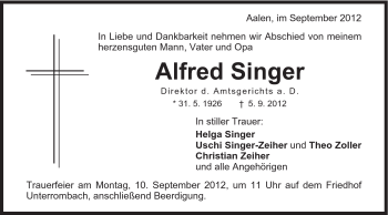 Traueranzeige von Alfred Singer von Schwäbische Post