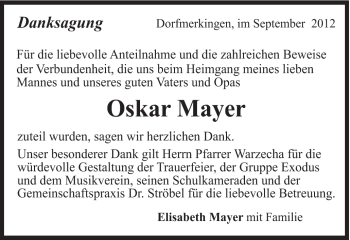 Traueranzeige von Oskar Mayer von Schwäbische Post