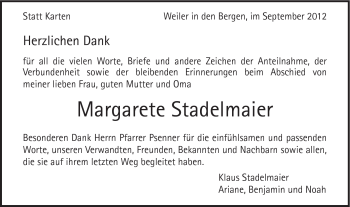 Traueranzeige von Margarete Stadelmaier von Gmünder Tagespost