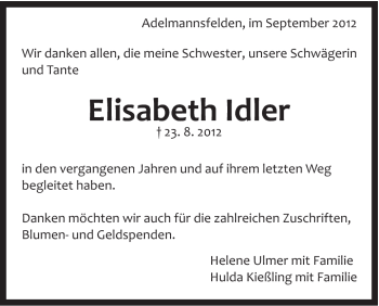 Traueranzeige von Elisabeth Idler von Schwäbische Post