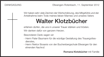 Traueranzeige von Walter Klotzbücher von Schwäbische Post