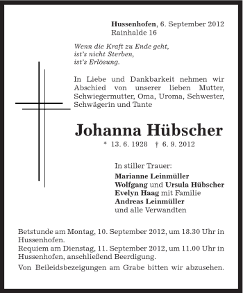 Traueranzeige von Johanna Hübscher von Gmünder Tagespost
