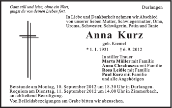 Traueranzeige von Anna Kurz von Gmünder Tagespost