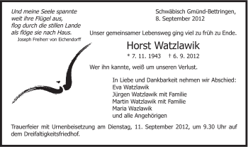 Traueranzeige von Horst Watzlawik von Gmünder Tagespost