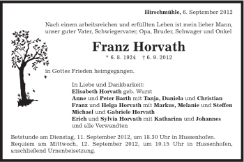 Traueranzeige von Franz Horvath von Gmünder Tagespost