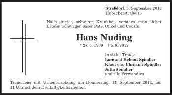 Traueranzeige von Hans Nuding von Gmünder Tagespost