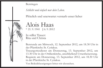 Traueranzeige von Alois Haas von Gmünder Tagespost