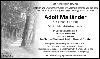 Traueranzeige von Adolf Mailänder von Schwäbische Post