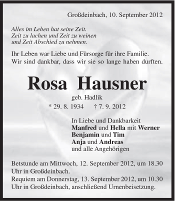Traueranzeige von Rosa Hausner von Gmünder Tagespost