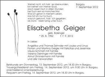 Traueranzeige von Elisabetha Geiger von Gmünder Tagespost
