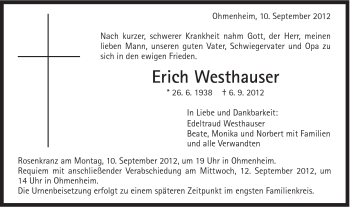 Traueranzeige von Erich Westhauser von Schwäbische Post