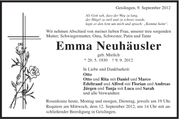 Traueranzeige von Emma Neuhäusler von Schwäbische Post